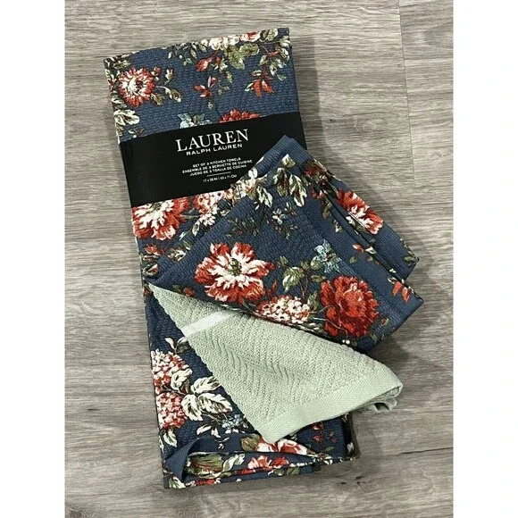 Ralph Lauren Kitchen Towels 3 PC Set Cotton Blue Floral & Solid Green Festive